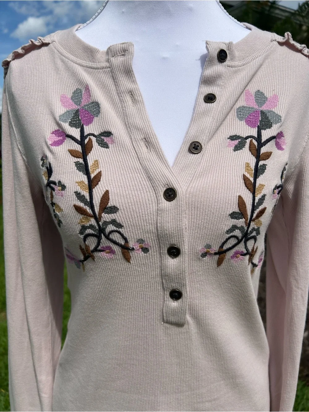 NWT🌷Free People Fleur Embroidered Henley Neck Long Sleeve Top